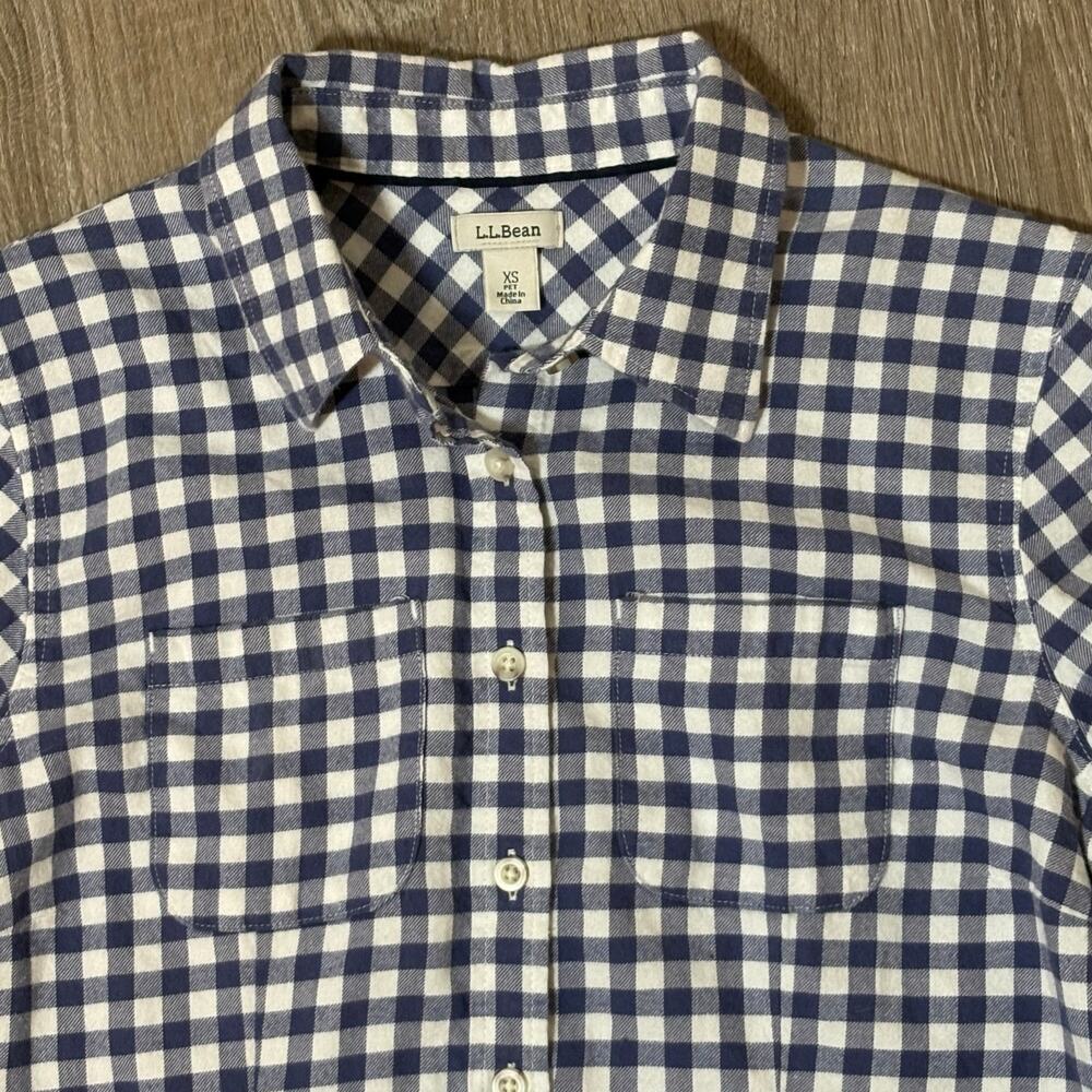 L.L.Bean XS Petite Blue White Gingham Button Down Shirt Flannel Preppy Coastal - Picture 3 of 10